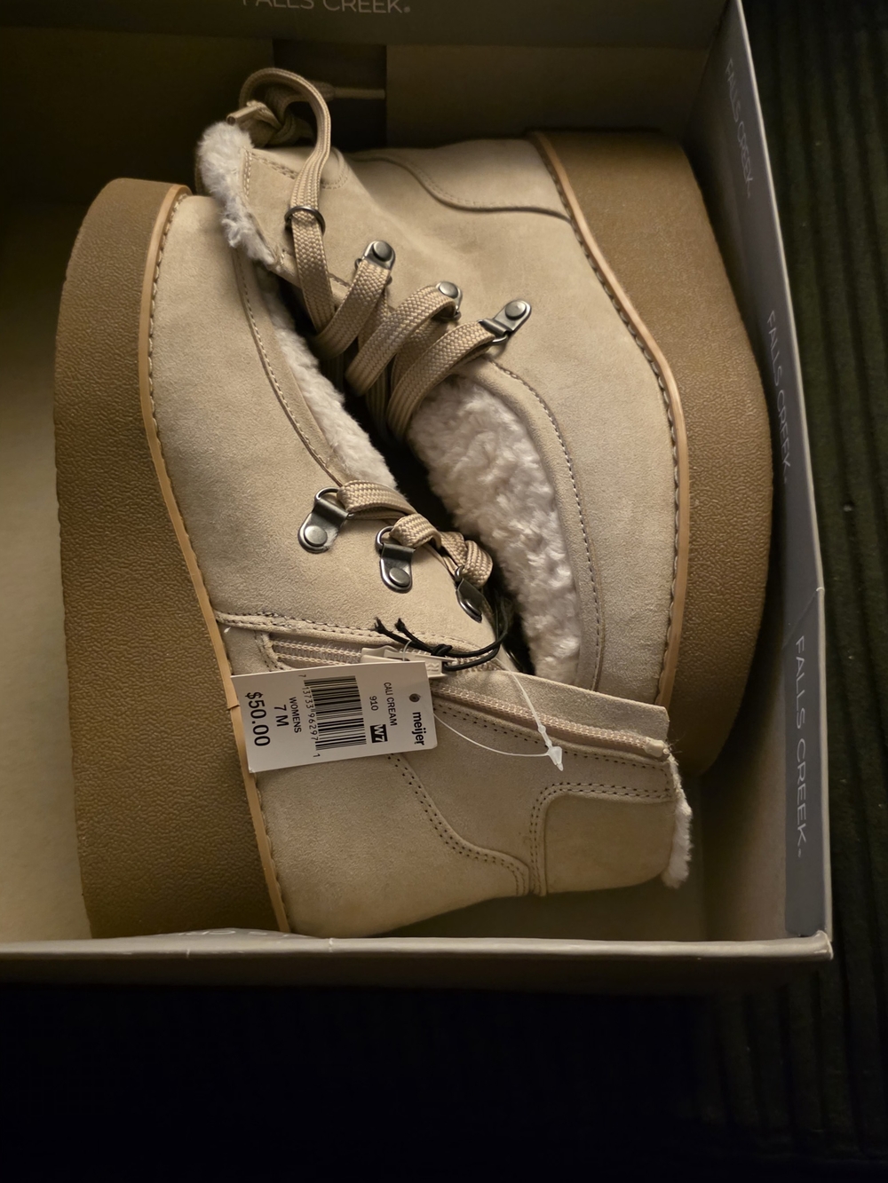 New W Tags Falls Creek Womens Beige Suede Sherpa-Lined Platform Boots